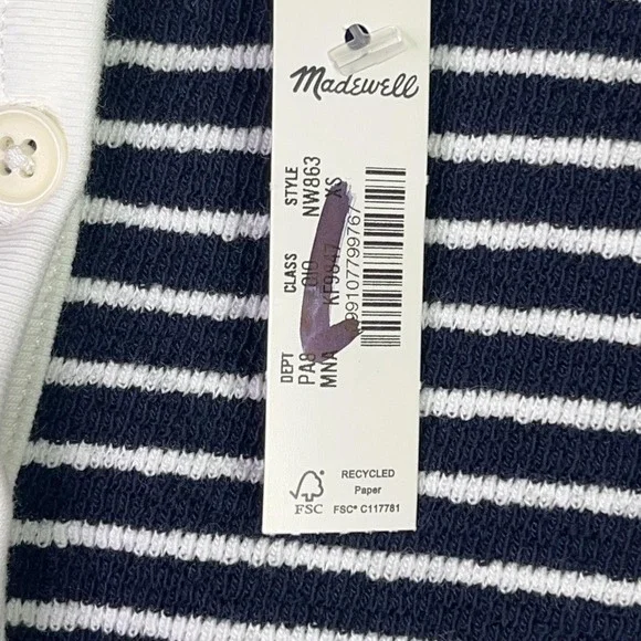Madewell Top Womens XS Navy White Striped Henley Elbow Sleeve Cotton Knit Tee - Picture 5 of 9